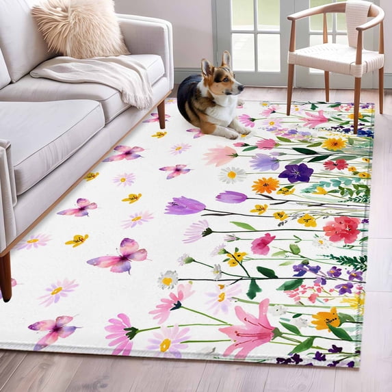 Spring Floral Area Rugs 3'x5', Washable Small Throw Rugs for Living Room Bedroom, Butterflies Botanical Farmhouse Indoor Outdoor Rug Non-Slip Low Pile Carpet Runner Reversible Floor Mats