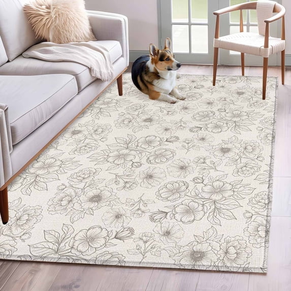 Spring Floral Area Rugs 3x5 ft Abstract Line Flowers Vintage Leaves Modern Washable Rug Non Slip Indoor Carpet Absorbent Floor Mat for Living Room Bedroom Dining Room