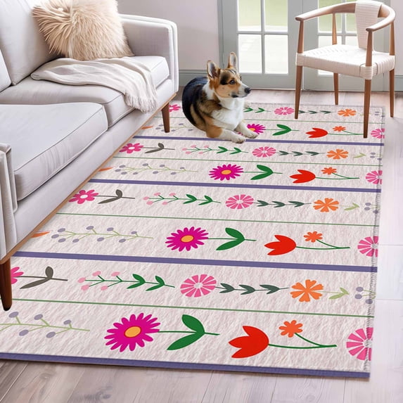 Spring Floral Area Rugs 4x6 ft Pastoral Flower Leaves Stripes Purple Texture Washable Rug Non Slip Indoor Carpet Absorbent Floor Mat for Living Room Bedroom Dining Room