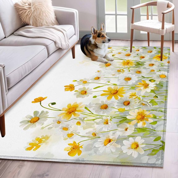 Spring Floral Area Rugs 4x6 ft Watercolor White Yellow Wildflower Rustic Farmhouse Washable Rug Non Slip Indoor Carpet Absorbent Floor Mat for Living Room Bedroom Dining Room