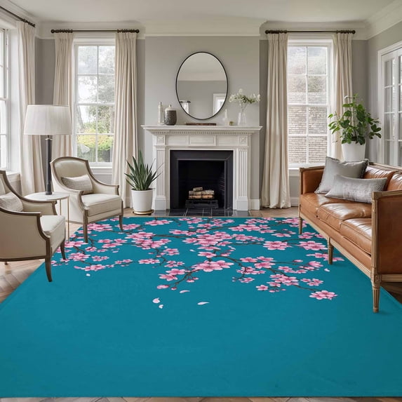 Spring Floral Area Rugs 5'x7', Small Throw Rugs for Laundry Room Playroom, Watercolor Pink Cherry Blossom Branches Blue Indoor Outdoor Rug Non-Slip Low Pile Carpet Runner Reversible Floor Mats