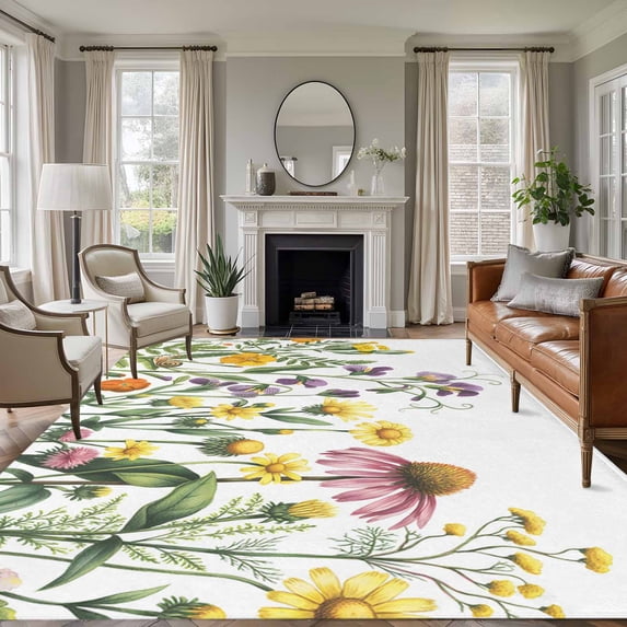 Spring Floral Area Rugs 5'x8', Washable Small Throw Rugs for Classroom Bedroom, Green Yellow Botanical Elegant Pastoral Indoor Outdoor Rug Non-Slip Low Pile Carpet Runner Reversible Floor Mats