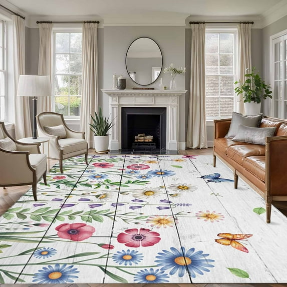 Spring Floral Area Rugs 5'x8', Washable Small Throw Rugs for Classroom Bedroom, Pink Blue Flowers Butterfly Wooden Indoor Outdoor Rug Non-Slip Low Pile Carpet Runner Reversible Floor Mats