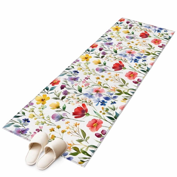 Spring Floral Area Rug 2x6ft Gradient Red Purple Yellow Flowers Romantic Farmhouse Non-Slip Washable Square Rugs Soft Felt Indoor Floor Mat for Bedroom Kitchen Living Room Bathroom