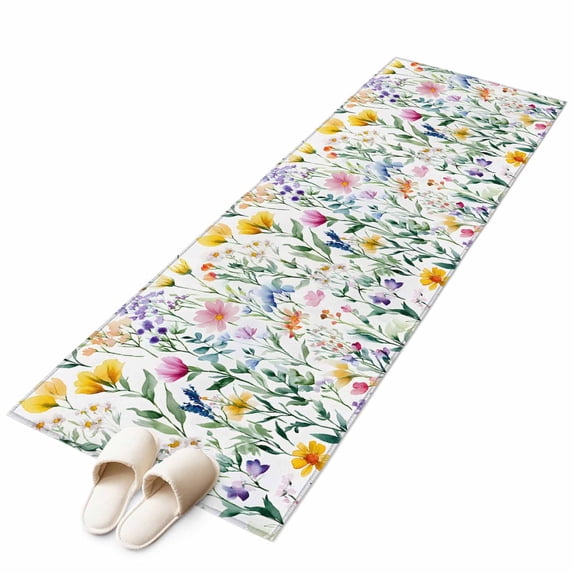 Spring Floral Area Rug 2x6ft Romantic Gradient Pink Yellow Blue Flowers Farmhouse Non-Slip Washable Square Rugs Soft Felt Indoor Floor Mat for Bedroom Kitchen Living Room Bathroom