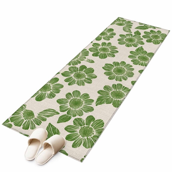 Spring Floral Area Rug 2x6ft Watercolor Vintage Green Flower Linen Texture Non-Slip Washable Square Rugs Soft Felt Indoor Floor Mat for Bedroom Kitchen Living Room Bathroom