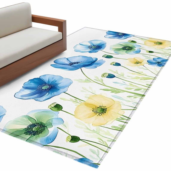 Spring Floral Area Rug 3x5ft Blue Yellow Poppy Watercolor Flowers Non-Slip Washable Square Rugs Soft Felt Indoor Floor Mat for Bedroom Kitchen Living Room Bathroom