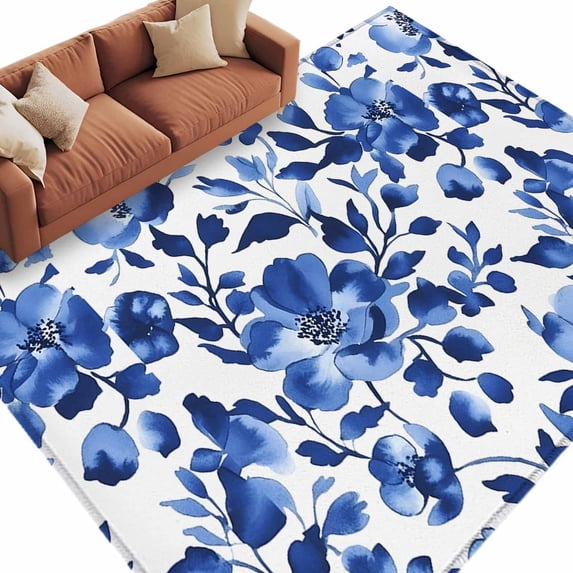 Spring Floral Area&nbsp;Rug 6x9ft Watercolor Gradient Blue Flower Leaves Rustic Farmhouse Non-Slip&nbsp;Washable Square&nbsp;Rugs Soft Felt Indoor Floor Mat for Bedroom Kitchen Living Room Bathroom