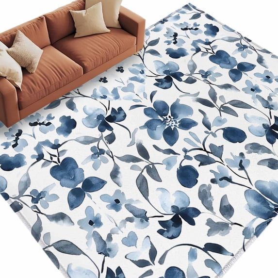 Spring Floral Area&nbsp;Rug 8x10ft Dark Blue Flowers Green Leaves Watercolor Farmhouse Non-Slip&nbsp;Washable Square&nbsp;Rugs Soft Felt Indoor Floor Mat for Bedroom Kitchen Living Room Bathroom