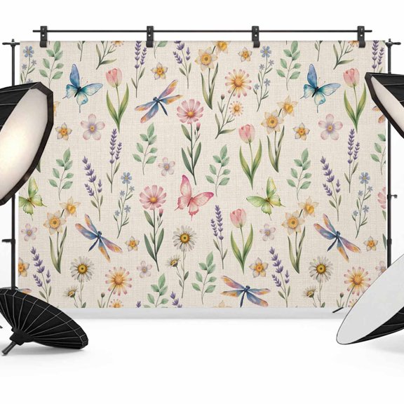 Spring Floral Backdrop for Photography,Fabric Photo Background Backdrop,Elegant Pastoral Flowers Dragonfly Rustic Photo Booth Background for Portrait Photoshoot Video Wedding Studio Banner 7x5ft
