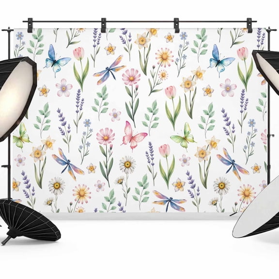 Spring Floral Backdrop for Photography,Fabric Photo Background Backdrop,Elegant Pastoral Flowers Dragonfly Watercolor Photo Booth Background for Portrait Photoshoot Video Wedding Studio Banner 7x5ft