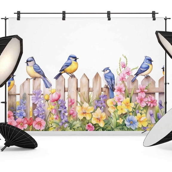 Spring Floral Backdrop for Photography, Fabric Photo Background Backdrop, Summer Birds Botanical Fence Photo Booth Background for Portrait Photoshoot Video Wedding Studio Decoration Banner 7x5ft