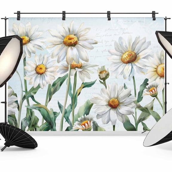 Spring Floral Backdrop for Photography,Fabric Photo Background Backdrop,Watercolor Summer Botanical White Daisy Photo Booth Background for Portrait Photoshoot Video Wedding Decoration Banner 7x5ft