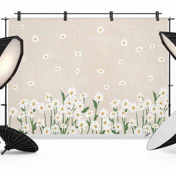 Spring Floral Backdrop for Photography,Fabric Photo Background Backdrop,White Daisy Farmhouse Linen Texture Photo Booth Background for Portrait Photoshoot Video Wedding Studio Decoration Banner 7x5ft
