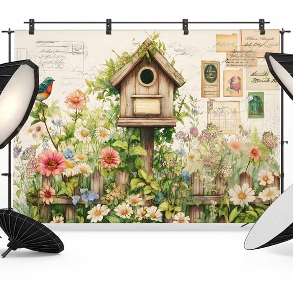 Spring Floral Backdrop for Photoshoot,Photography Photo Studio Background Wall Backdrop,Birds Cabin Daisy Watercolor Botanical Farmhouse Back Drop Banner Panel for Portraits Wedding Party 7x5Ft