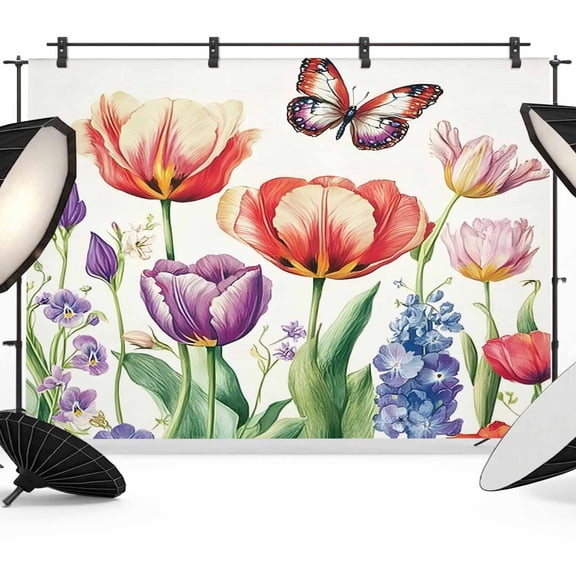 Spring Floral Backdrop for Photoshoot,Photography Photo Studio Background Wall Backdrop,Butterfly Flowers Summer Tulip Botanical Back Drop Banner Panel for Portraits Wedding Live Streaming 7x5Ft