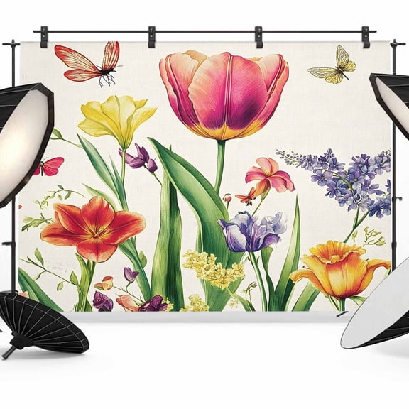 Spring Floral Backdrop for Photoshoot,Photography Photo Studio Background Wall Backdrop,Rustic Tulip Butterfly Botanical Summer Back Drop Banner Panel for Portraits Wedding Party Live Streaming 7x5Ft
