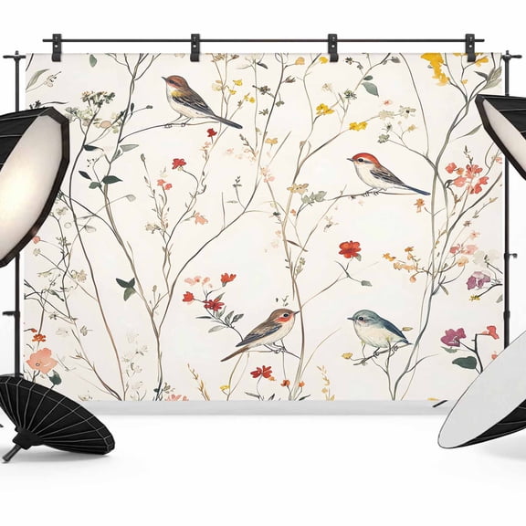 Spring Floral Backdrop for Photoshoot, Photography Photo Studio Background Wall Backdrop, Summer Birds Botanical Country Back Drop Banner Panel for Portraits Wedding Party Live Streaming Decor 8x6Ft