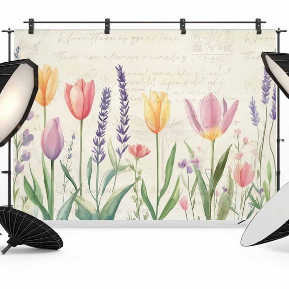 Spring Floral Backdrop for Photoshoot,Photography Photo Studio Background Wall Backdrop,Summer Colorful Tulip Botanical Vintage Back Drop Banner Panel for Portraits Wedding Party Live Streaming 7x5Ft