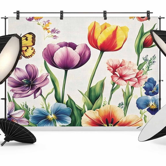 Spring Floral Backdrop for Photoshoot,Photography Photo Studio Background Wall Backdrop,Tulip Butterfly Summer Elegant Botanical Back Drop Banner Panel for Portraits Wedding Live Streaming 7x5Ft