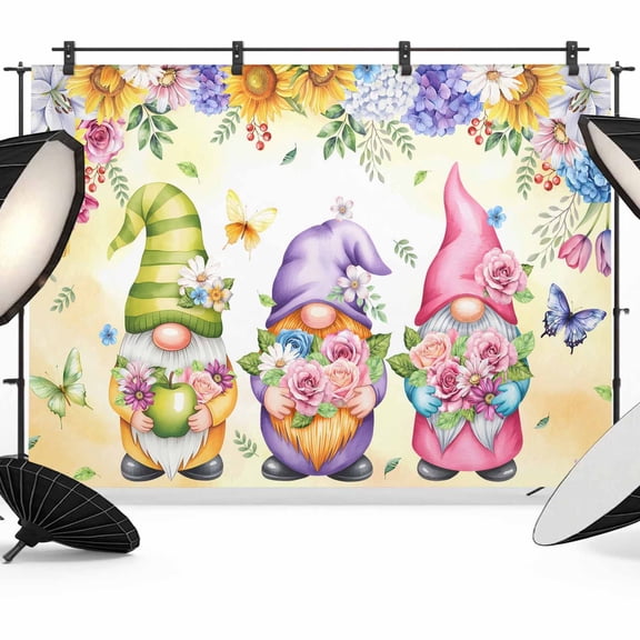Spring Floral Backdrop for Photoshoot,Photography Photo Studio Background Wall Backdrop,Watercolor Gnomes Flowers Butterflies Yellow Back Drop Banner Panel for Portraits Wedding Live Streaming 12x8Ft