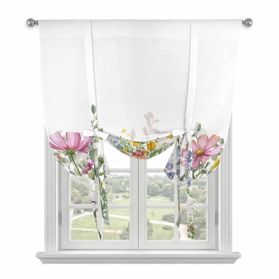 Spring Floral Balloon Curtains 63 Inch Length for Living Room/Bedroom, Watercolor Flower Eucalyptus Leaves Botanical Rod Pocket Privacy Door Curtains Decorative Tie Up Shade for Window 52"x63"