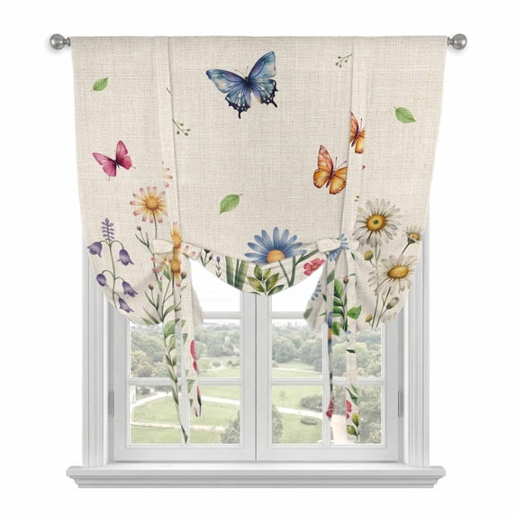 Spring Floral Balloon Curtains for Bedroom/Front Door/Bathroom, Pink Blue Flowers Butterfly Rustic Tie Up Curtains 63 Inch Length Light Filtering Kitchen Curtains Shades for Windows 46"x63"