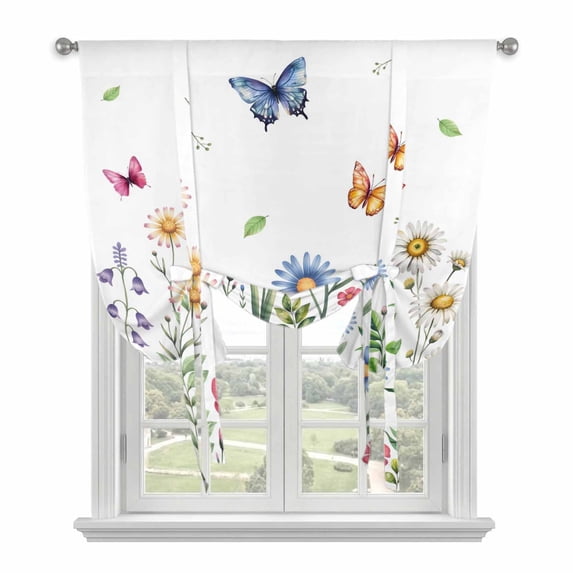 Spring Floral Balloon Curtains for Windows, Bedroom Curtains 54 Inch Length, Pink Blue Flowers Botanical Butterflies Tie Up Curtains Panels Thermal Insulated Bathroom Curtains Window 42"x54"