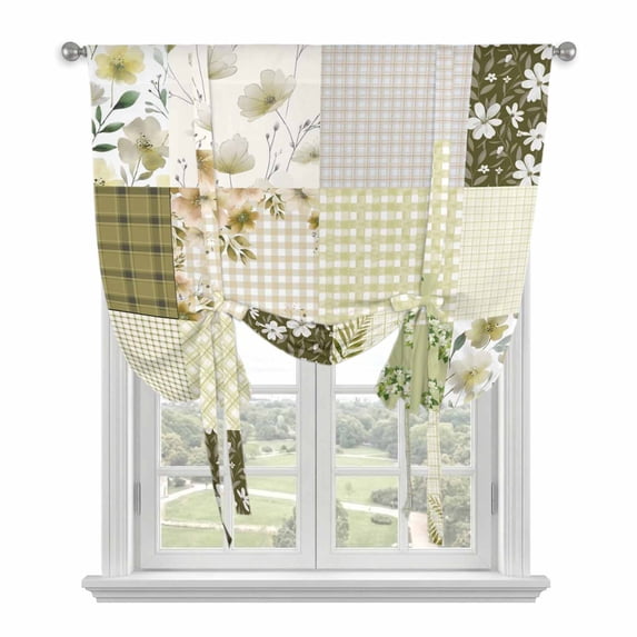 Spring Floral Balloon Curtains for Windows, Bedroom Curtains 54 Inch Length, Yellow Flowers Botanical Patchwork Grid Bohemia Tie Up Curtains Panels Thermal Insulated Bathroom Curtains Window 42"x54"
