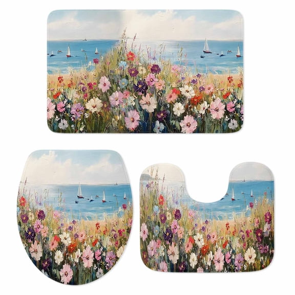 Spring Floral Bath Mat 3 Piece Bathroom Rug Set, Oil Painting Art Landscape Beach Non Slip Bath Rug Contour Mat and Toilet Lid Cover, Absorbent Shower Mats Soft Bath Rugs and Mats Sets