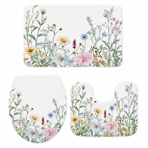 Spring Floral Bath Mat 3 Piece Bathroom Rug Set, Wildflowers Herbs Summer Botanical Non Slip Bath Rug Contour Mat and Toilet Lid Cover, Absorbent Shower Mats Soft Bath Rugs and Mats Sets