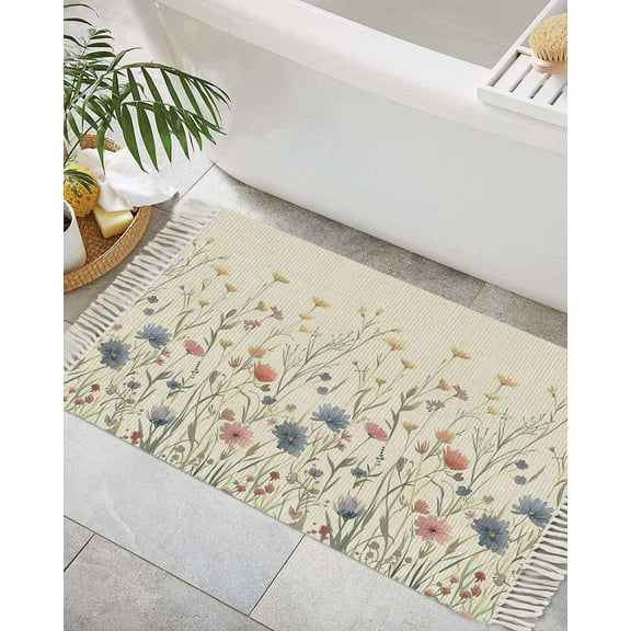 Spring Floral Bath Rug 2x3ft Woven Bathroom Entryway Runner Rug,Watercolor Rustic Summer Botanical Washable Living Room Hallway Bedroom Kitchen Carpet with Tassels,Indoor Outdoor Throw Doormat