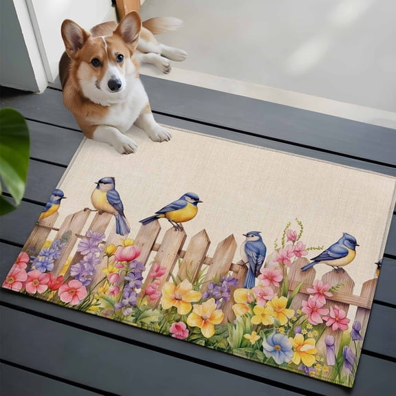 Spring Floral Bathroom Mat 2x3 FT, Non Slip Small Kitchen Mat, Summer Birds Botanical Fence Rustic Washable Soft Backed Front Door Throw Rug Non-Shedding Indoor Outdoor Doormat for Entryway Sink