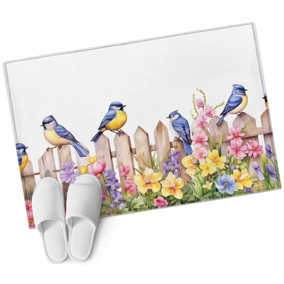 Spring Floral Bathroom Mat 2x3 FT, Non Slip Small Kitchen Mat, Summer Birds Botanical Fence Washable Soft Backed Front Door Throw Rug Non-Shedding Indoor Outdoor Doormat for Entryway Sink