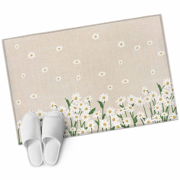 Spring Floral Bathroom Mat 2x3 FT, Non Slip Small Kitchen Mat, White Daisy Farmhouse Linen Texture Washable Soft Backed Front Door Throw Rug Non-Shedding Indoor Outdoor Doormat for Entryway Sink