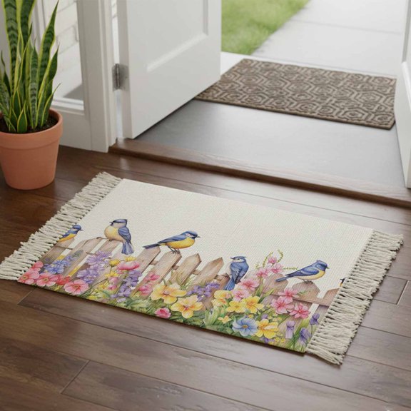 Spring Floral Bathroom Rug 2'x3', Summer Birds Botanical Fence Low Profile Front Entryway Rug with Tassels, Woven Cotton Washable Kitchen Mat Carpet for Foyer Bedroom Back Door Decor