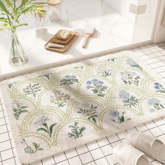 Spring Flbathroom Rug 32" X 20" Flowers Mat Boho Bath (rectangular Green)
