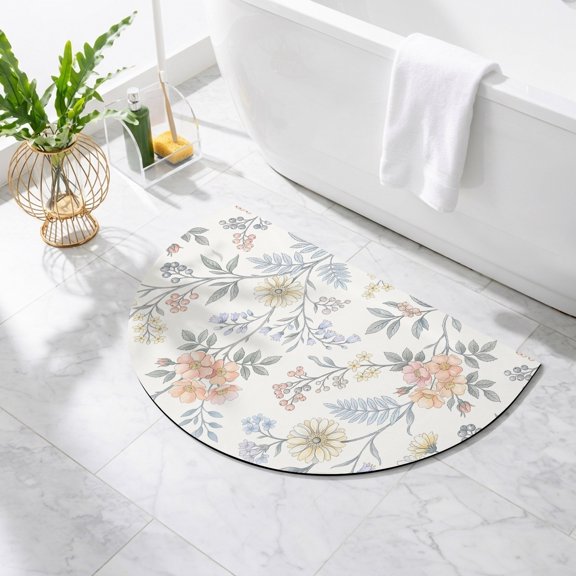 Spring Floral Bathroom Rug Cute Half Circle Bath Mat Non-Slip Washable Semi Circle Bath Rug Absorbent Pastoral Flowers Aesthetics Farmhouse Floor Mat for Bathroom Kitchen Bedroom Shower Decor 16"x24"