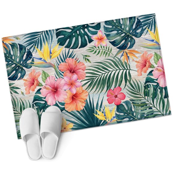 Spring Floral Bathroom Rug Washable 2x3 Entryway Rug Non Slip Summer Botanical Palm Leaves Tropical Green Front Door Mat Low Pile Indoor Doormat Throw Floor Carpet for Kitchen Bedroom Entrance
