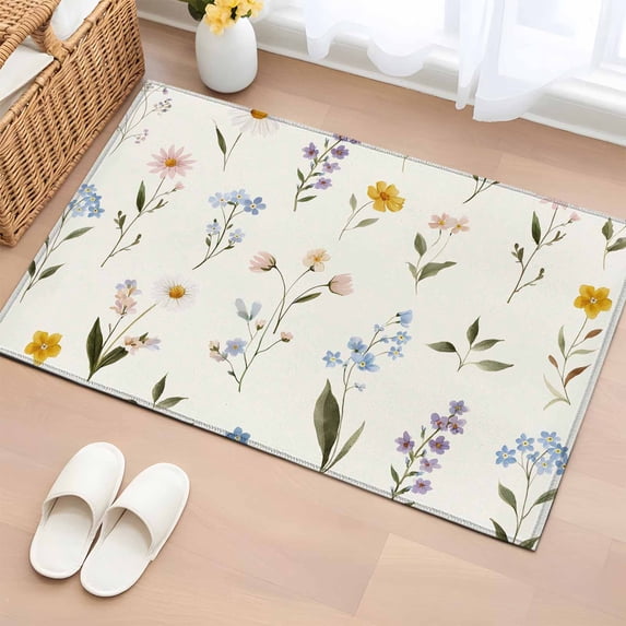 Spring Floral Bathroom Rug Washable 2x3 Entryway Rug Non Slip Watercolor Summer Elegant Botanical Front Door Mat Low Pile Indoor Doormat Throw Floor Carpet for Kitchen Bedroom Entrance
