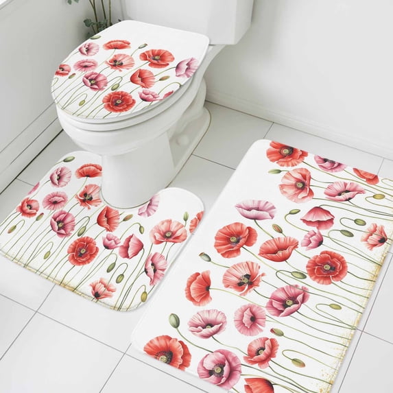 Spring Floral Bathroom Rugs Set Watercolor Red Pink Wildflower Rustic Farmhouse Non Slip Absorbent Soft Bath Mats 3 Piece Set with Bathroom Rug, U-Shaped Floor Mat, Toilet Seat Cover Large Size