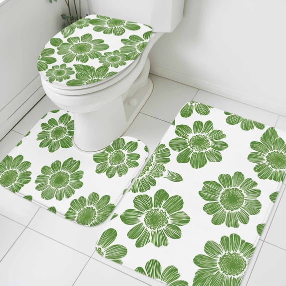 Spring Floral Bathroom Rugs Set Watercolor Vintage Green Flower Plant Non Slip Absorbent Soft Bath Mats 3 Piece Set with Bathroom Rug, U-Shaped Floor Mat, Toilet Seat Cover Small Size