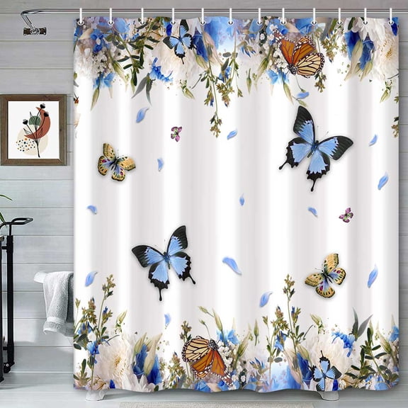 Spring Floral Bathroom Shower Curtains, Light Blue Butterflies White Blue Flower Blossom Botanical Herbs Aesthetic Bath Curtain, Polyester Fabric Bathroom Accessory Sets with Hooks, 72 x 72