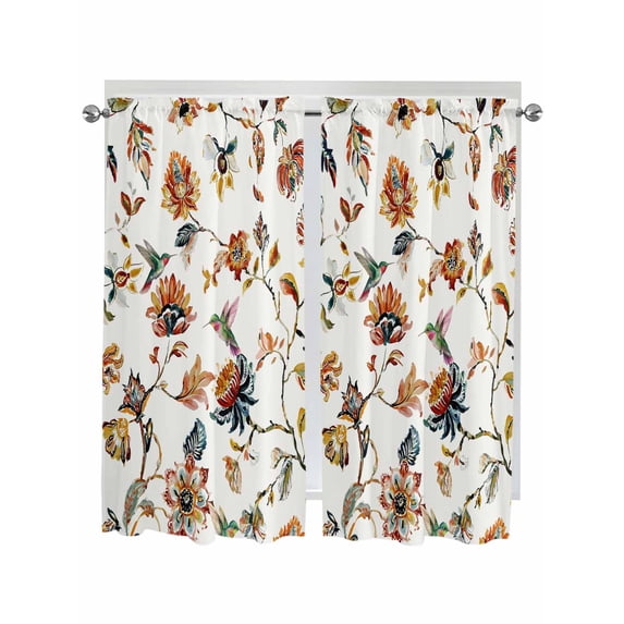 Spring Floral Bathroom Window Curtain, Summer Botanical Flowers Vintage Birds Light Filtering Coffee Kitchen Curtains, Bedroom Living Room Curtains 2 Panel 84"x63"