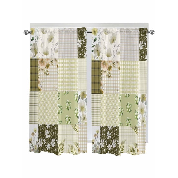 Spring Floral Bathroom Window Curtain, Yellow Flowers Botanical Patchwork Grid Bohemia Light Filtering Coffee Kitchen Curtains, Bedroom Living Room Curtains 2 Panel 84"x63"