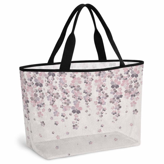 Spring Floral Beach Bag for Women, Large Breathable Mesh Beach Tote Bag, Pink Gray Cherry Blossom Flowers Beige Sandproof Lightweight Travel Bags for Vacation Picnic Swimming Pool 15.7"x15.7"x9.1"