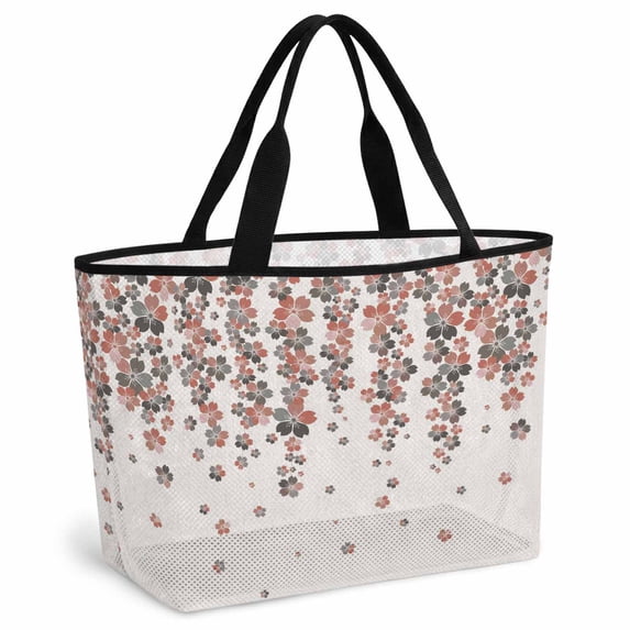 Spring Floral Beach Bag for Women, Large Breathable Mesh Beach Tote Bag, Red Gray Cherry Flowers Blossom Beige Sandproof Lightweight Travel Bags for Vacation Picnic Swimming Pool 15.7"x15.7"x9.1"