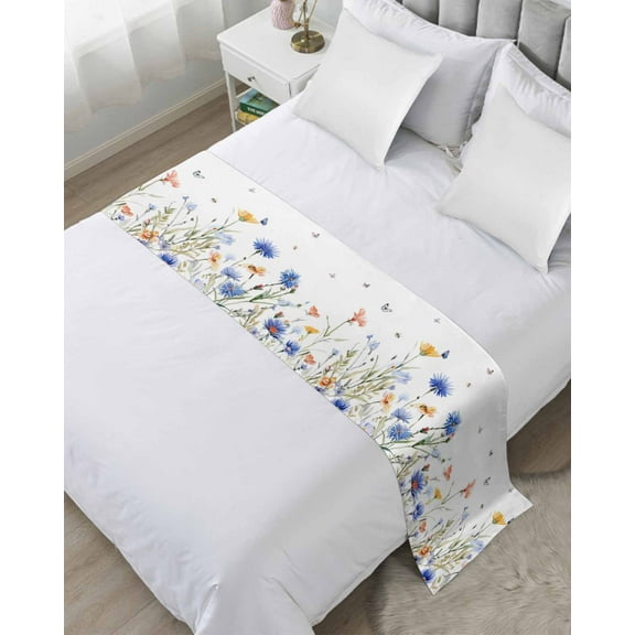 Spring Floral Bed Runner for Full/ Queen Size Bed,Elegant Butterfly Summer Botanical Bedspread Protector Slipcover Bed Scarf for Foot Bed Runners & Scarves for Bedroom Hotel Wedding Room 83x20 Inches