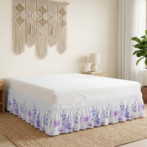 Spring Floral Bed Skirt Bed Skirts California King Size 18 Inch Drop, Idyllic Purple Lavender Wrap Around Dust Ruffle Bedskirt with Adjustable Elastic Belt for California King Size Beds