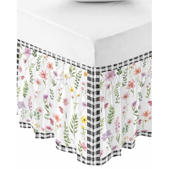 Spring Floral Bed Skirt King Size 16 Inch Drop, Wrap Around Bed Skirts, Pink Flowers Black White Plaid Pastoral Elastic Bedskirt Pleated Bed Frame Cover Luxurious Dust Ruffle for King Bed